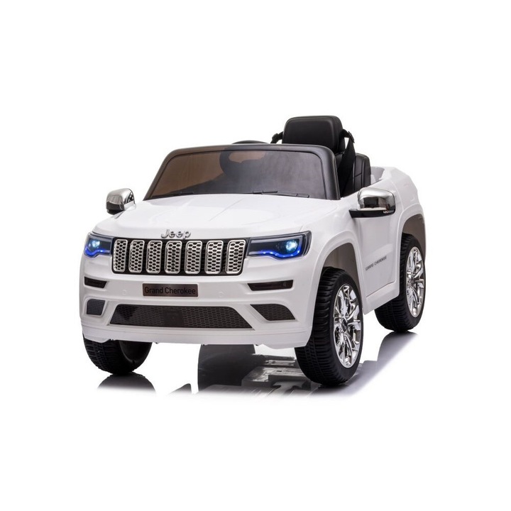 Masina electrica pentru copii Jeep Grand Cherokee 12V 2.4G Alb 2 motoare cu roti din cauciuc, scaun din piele, telecomanda