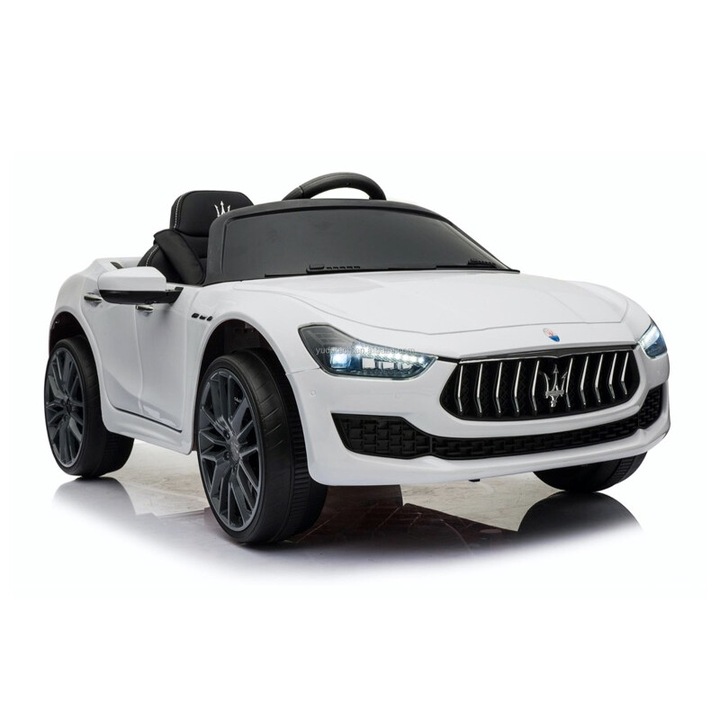 Masina electrica pentru copii Maserati GHIBLI 12V Alb, 2 motoare, telecomanda 2.4G, roti cauciuc, maner transport si scaun piele