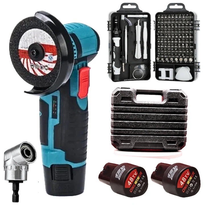 Set Polizor Unghiular 76mm cu 2 Acumulatori 12V, Set Surubelnite 115 in 1 si Adaptor Unghiular pentru Bormasina - Kit Complet pentru Taiere, Slefuire si Reparatii, 750W