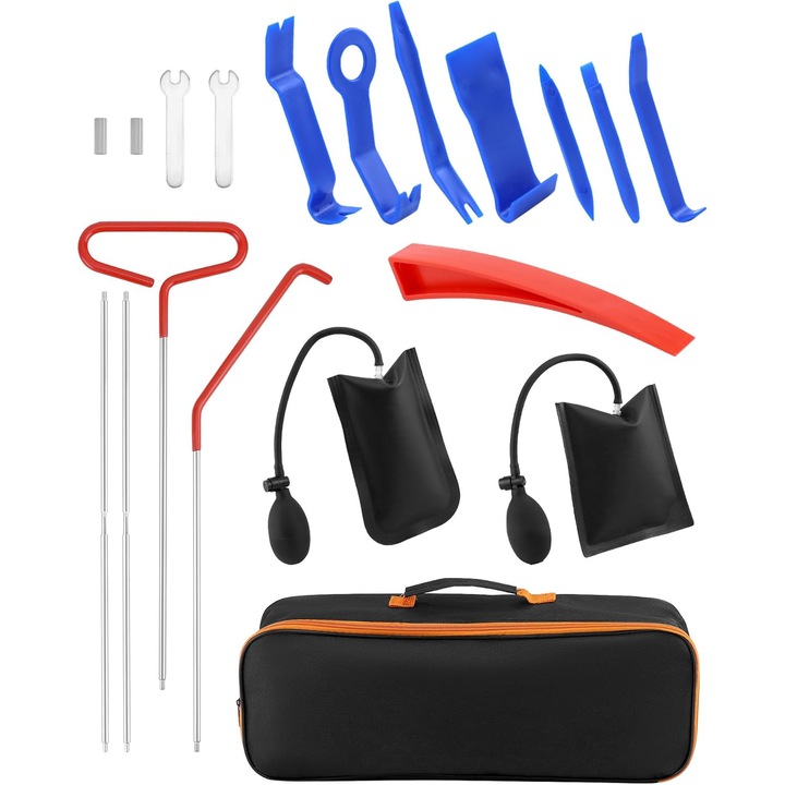 Kit de deblocare portiera auto 17 piese cu perne de aer, tije cu prelungire, scule demontare interior auto, profesionale, cu geanta de depozitare si transport