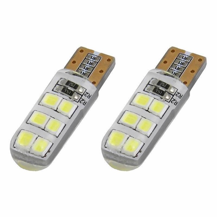 Set 2 becuri T10, 12 LED-uri COB, 12V, W5W, in silicon, 5600K