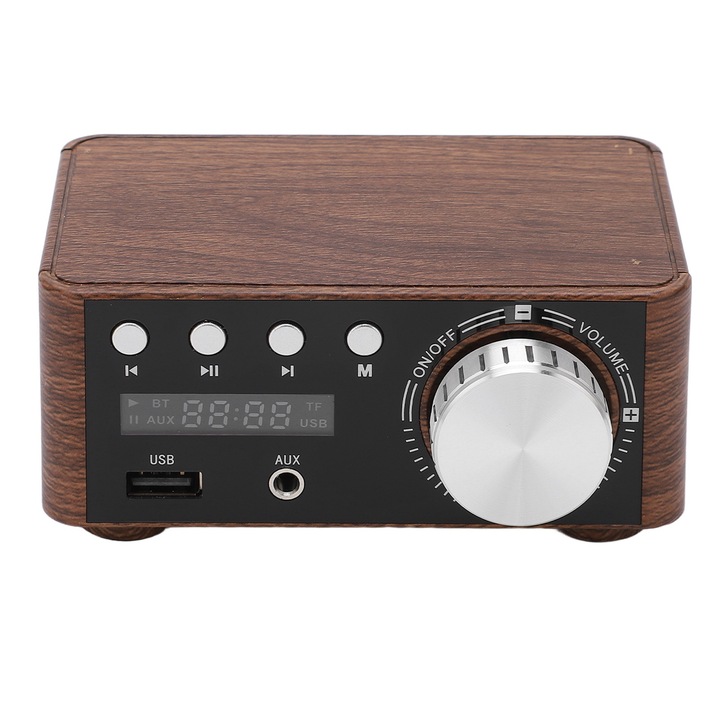 Мини усилвател, Mmgoqqt, Bluetooth 5.0, Стерео, 2 канала, 50W, USB, 110 x 90 x 50 mm, Кафяв