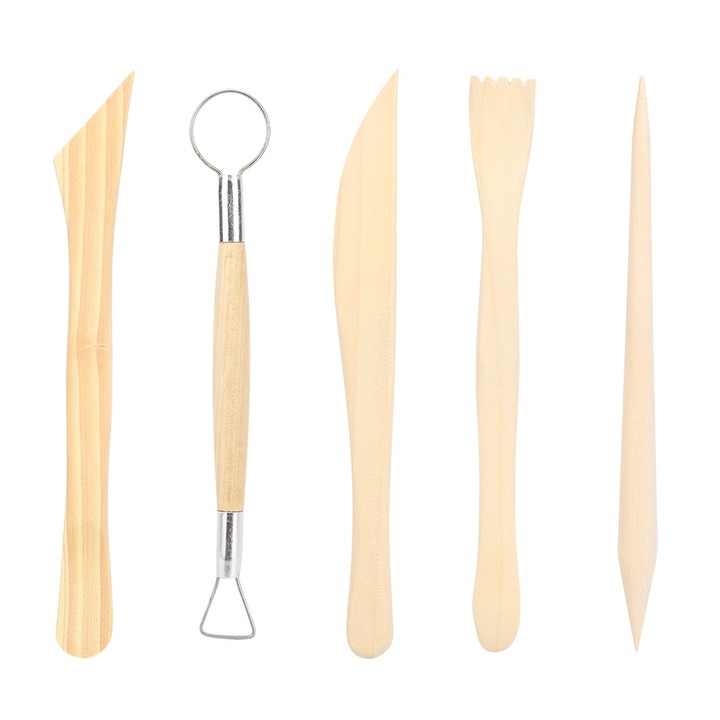 Set de instrumente de sculptura din lemn pentru argila, Enforose, 5 piese, maner din lemn, 50g
