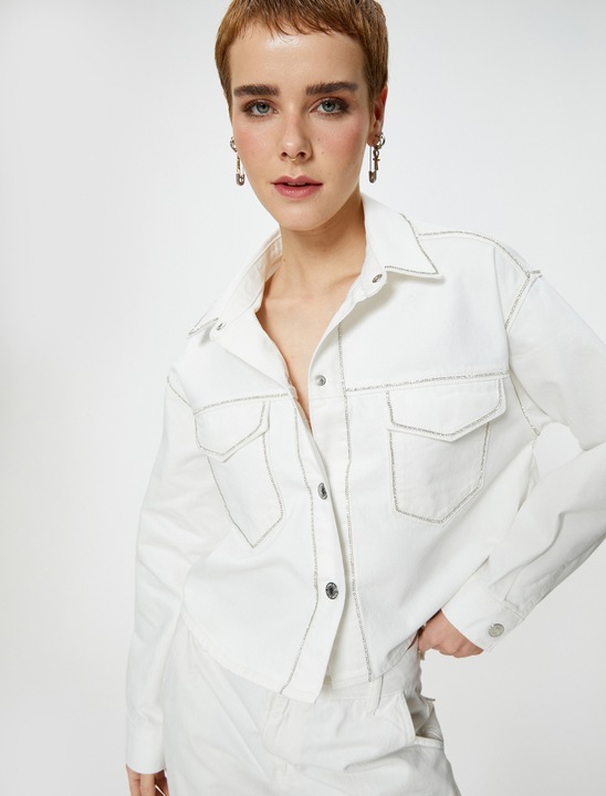 KOTON, Jacheta din denim cu strasuri, Alb murdar, L