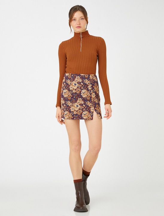 KOTON, Fusta cu talie inalta si model floral, Albastru, L