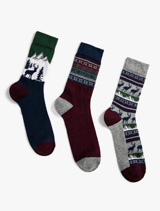 KOTON, Set de sosete scurte cu model de Craciun - 3 perechi, Rosu inchis, One Size