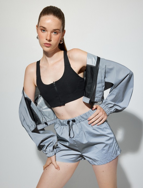 KOTON, Pantaloni scurti cu talie inalta si model reflectorizant, Argintiu, L