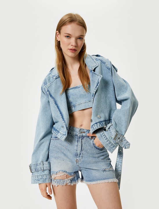 KOTON, Pantaloni scurti din denim cu rupturi decorative, Albastru deschis, XS