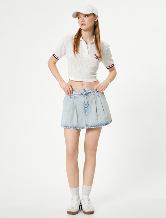 KOTON, Fusta-pantalon din denim cu aspect decolorant, Albastru deschis, XS