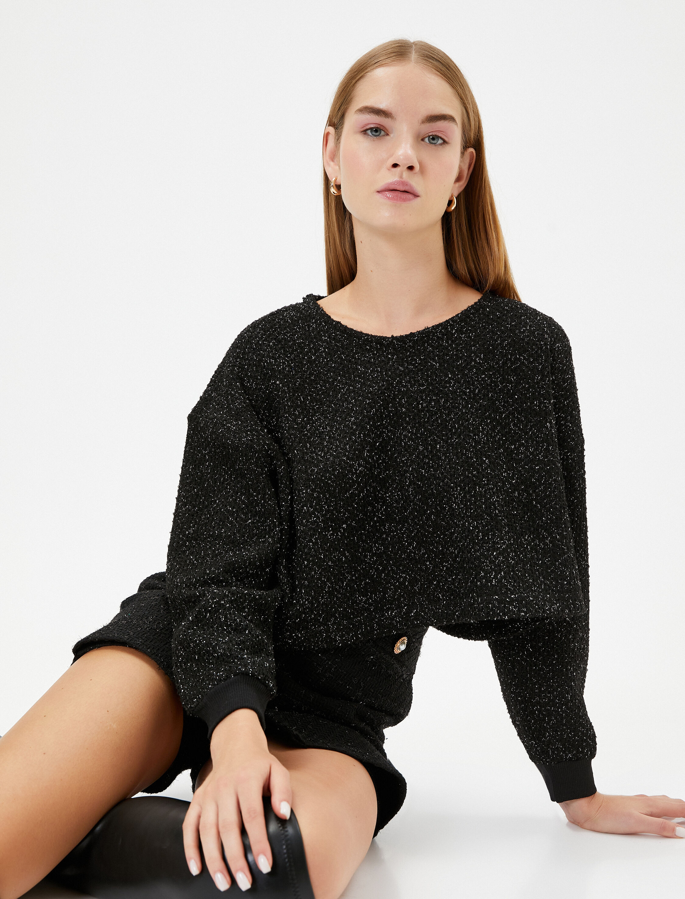 KOTON, Pulover crop cu insertii metalizate, Negru, L - eMAG.ro