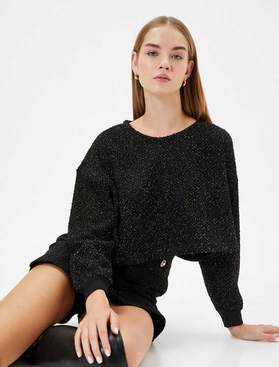 KOTON, Pulover crop cu insertii metalizate, Negru