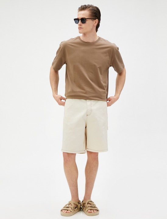 KOTON, Bermude din denim cu buzunare mulitple, Crem, L