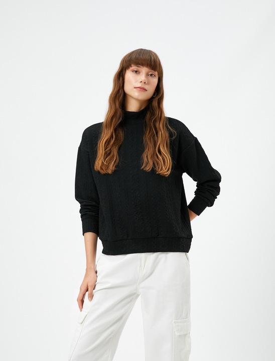 KOTON, Pulover lejer cu guler inalt si model torsade, Negru, L