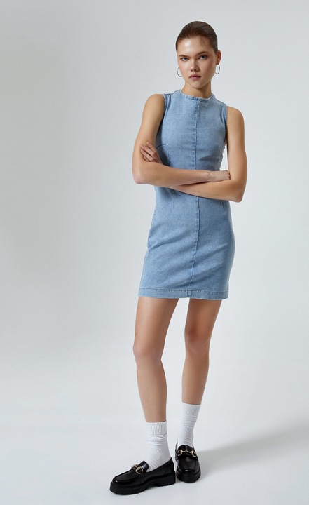 KOTON, Rochie mini cambrata din denim fara maneci, Albastru deschis, L