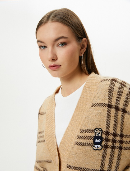 KOTON, Cardigan cu model in carouri si maneci cazute, Bej, L