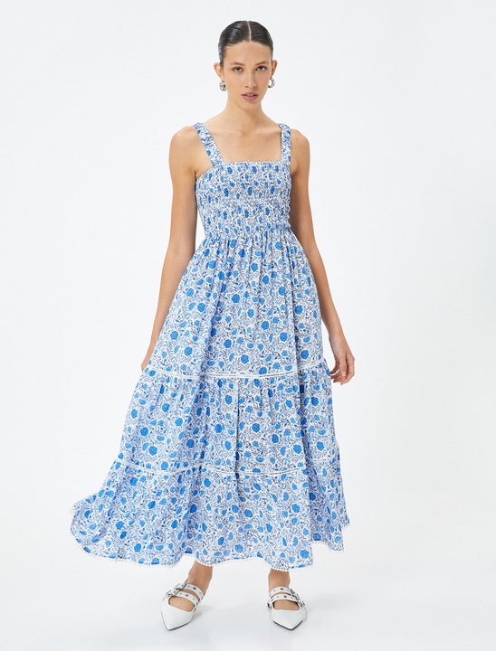 KOTON, Rochie midi cu model floral si decolteu patrat, Albastru, S