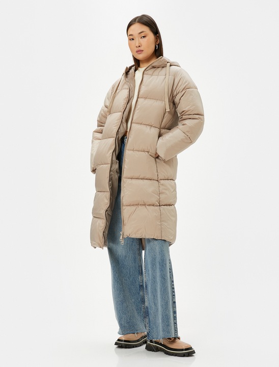 KOTON, Geaca lunga si matlasata cu gluga, Maro camel