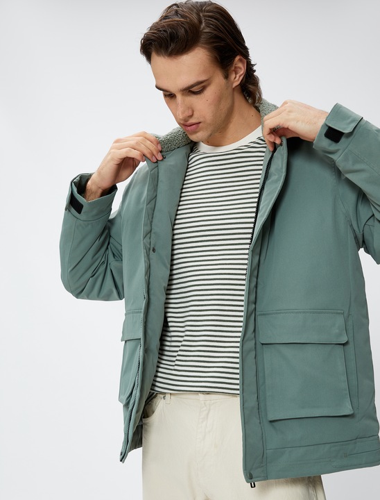 KOTON, Geaca cu guler din material teddy, Kaki