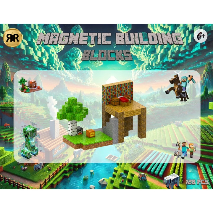 Mágneses kocka építőkészlet, Lépj be a MINECRAFT világába, 128 db + gyűjthető kulcstartó/radír
