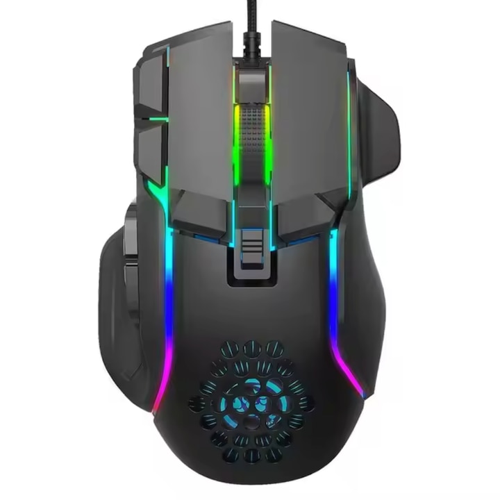 Mouse RGB, Gaming & Office, Compatibilitate Windows, Mac OS, Linux, 6 Trepte 12800 DPI, 12.9 x 8.2 cm, 10 Butoane Programabile, Negru, Design Modern, Calitate Premium