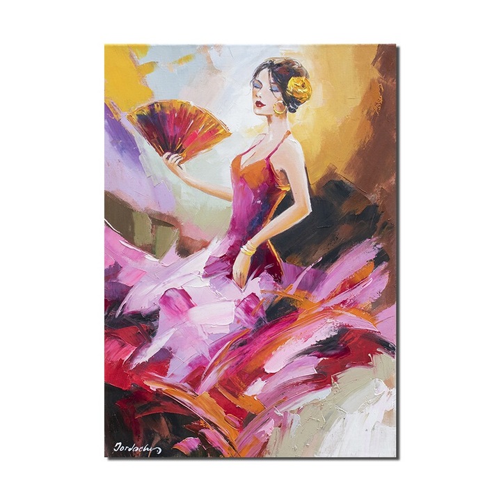 Tablou pictat manual, Eleganta cu evantai, 70x50cm ulei pe panza in cutit efect 3D, gata de expus pe perete