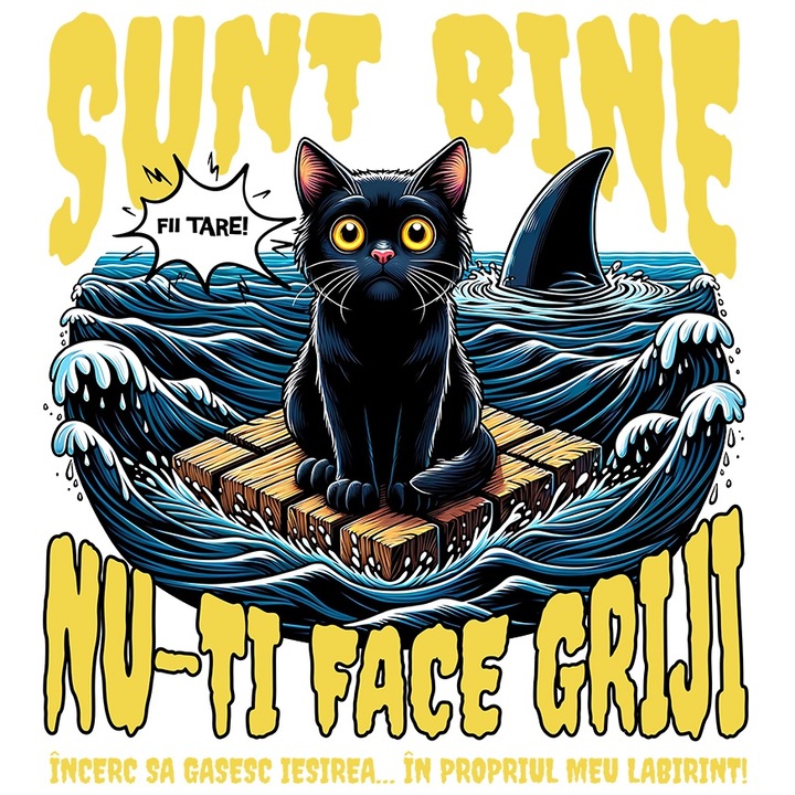 Sticker Adeziv sunt bine nu-ti face griji, blocaj emotional pisica motan in mare cu Margini Albe, PVC Vinyl 15 cm