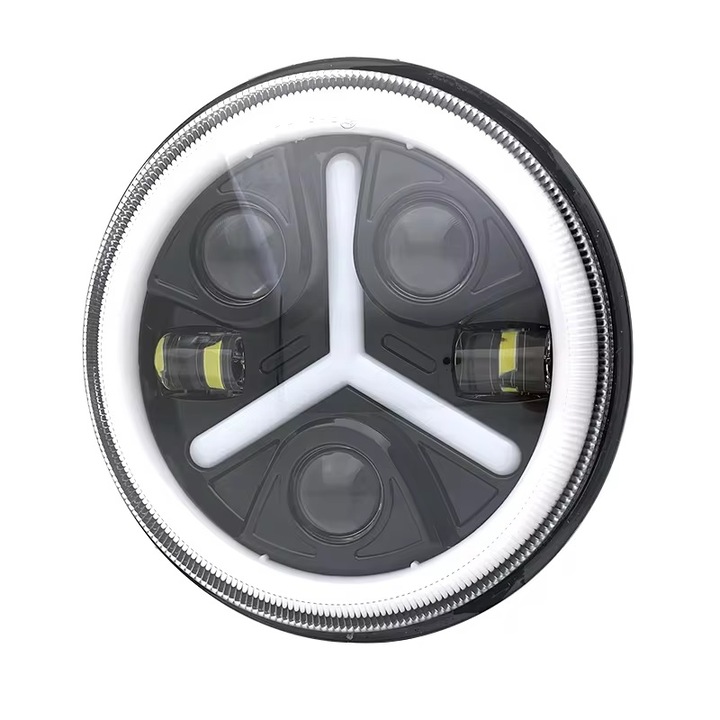 Halogen universal LED faza scurta/lunga cu semnalizare alb-galben 7000 lm potrivit pentru ATV jeep motocicleta camion tractor si altele, 18 cm, 12V-24V