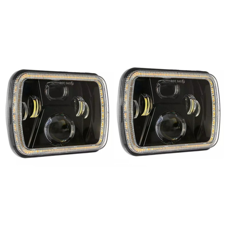 Set Far LED universal 60W halogen 12V-24V scurt/lung cu DRL lumini de zi si semnalizari alb-galbui 20 x 14 cm pentru ATV jeep motocicleta camion tractor si altele