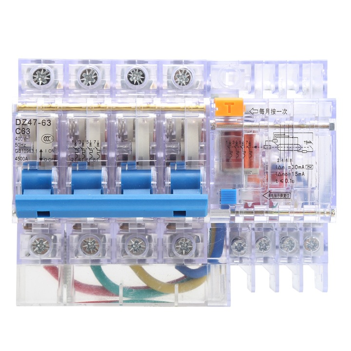 Miniatűr megszakító, átlátszó, 4P, 6-63A, magas hőmérsékletnek és korróziónak ellenálló