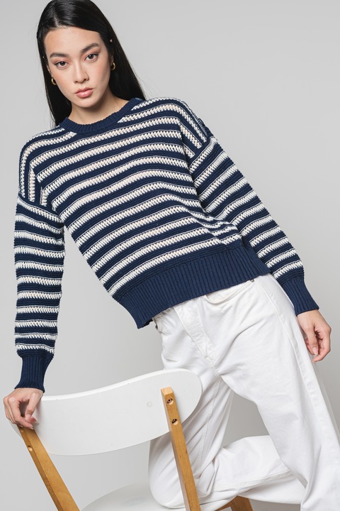 United Colors of Benetton, Pulover din amestec de lana cu maneci cazute, Alb/Bleumarin, XS