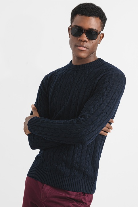 United Colors of Benetton, Gyapjútartalmú csavart kötésmintájú pulóver, Tengerészkék, S