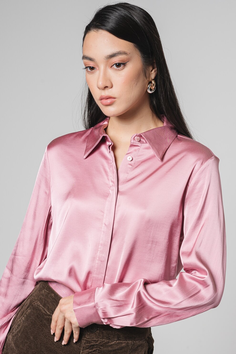 Color Roz Prafuit United Colors of Benetton, Camasa de satin cu guler ascutit, Roz ...