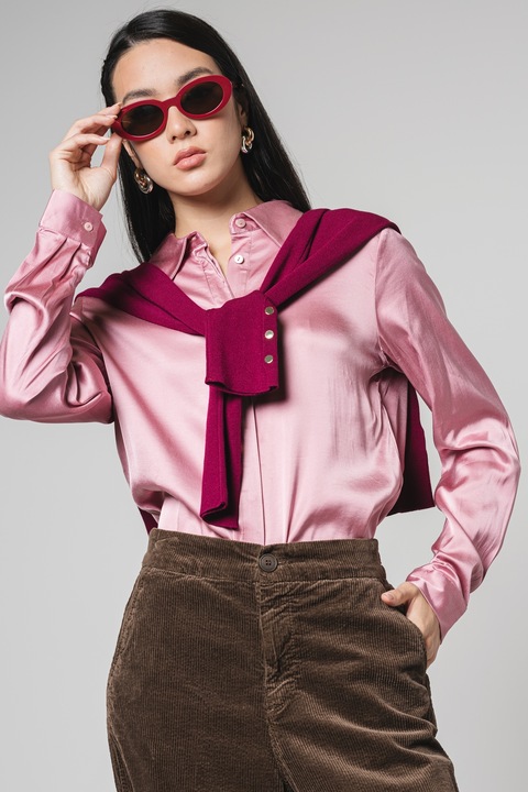 Color Roz Prafuit United Colors of Benetton, Camasa de satin cu guler ascutit, Roz ...