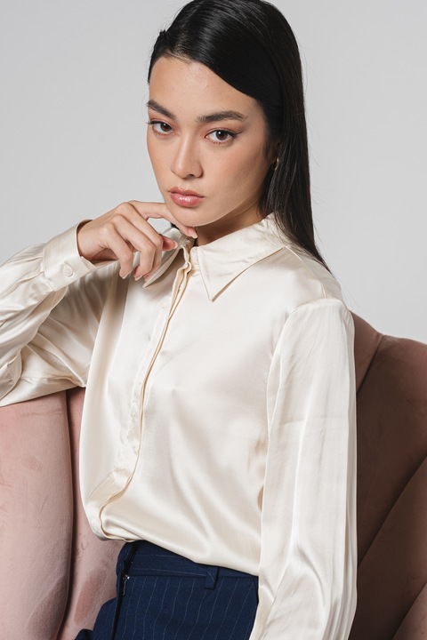 United Colors of Benetton, Camasa de satin cu guler ascutit, Crem, XS