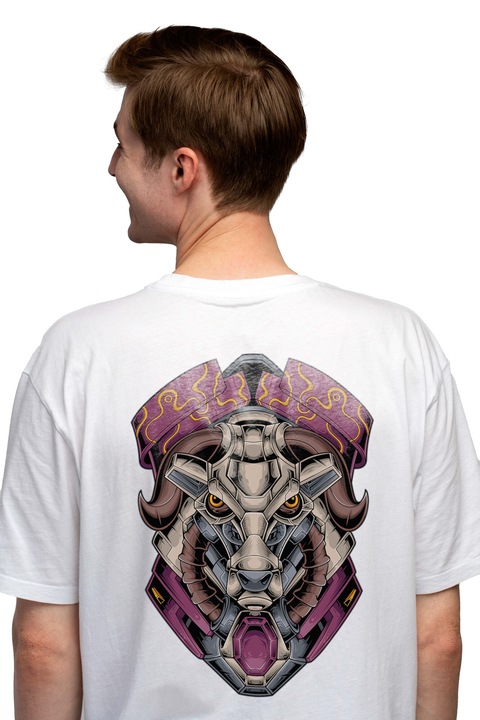 Мъжка тениска Bull Head Cyberpunk Mecha Horns Sci Fi Robot Back Print T-Shirt 100% памук Бяла L