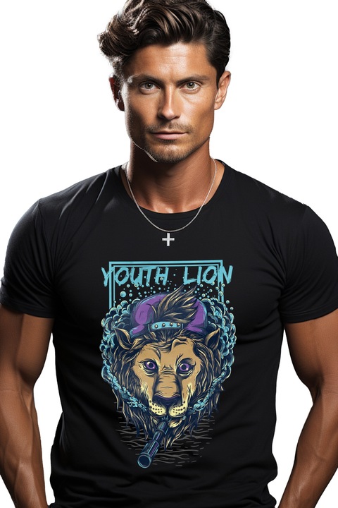 Tricou Barbati Cu Mesaj In Engleza Youth Lion, Leul Tineretului, Fum, Sapca, Vape, cu imprimeu pe Fata, 100% Bumbac, Negru, L