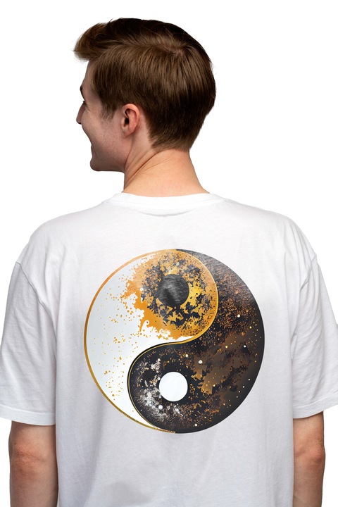 Tricou Barbati Cu Simbol Ying Si Yang, Bine Si Rau, Discrepanta Dintre Alb Si Negru, Crezatorii De Mit, cu imprimeu pe Spate, 100% Bumbac, Alb, M