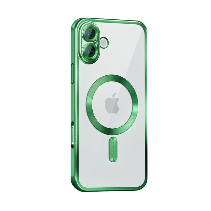 Husa de Protectie GemstoneClear MagSafe pentru Apple iPhone 16, OPTIM SOLUTION, Strong Magnet, Fast Charging, AntiShock, ProCore Tech, Decupaje Precise, Metallic Detailing Design, Verde/Clear