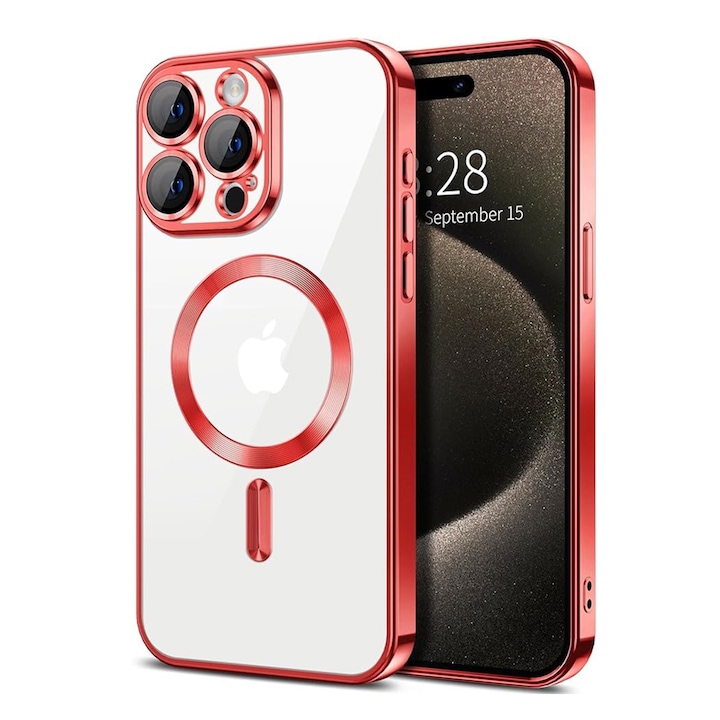 GemstoneClear MagSafe védőtok Apple iPhone 16 Pro készülékhez, OPTIM MEGOLDÁS, Erős mágnes, Gyors töltés, AntiShock, ProCore Tech, Ultra Safe Camera, Precíz kivágások, Fém részletező kialakítás, Piros/Tiszta
