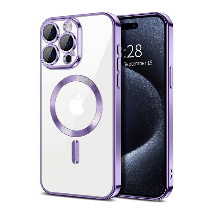 GemstoneClear MagSafe védőtok Apple iPhone 16 Pro készülékhez, OPTIM SOLUTION, Erős mágnes, Gyors töltés, AntiShock, ProCore Tech, Ultra Safe Camera, Precíz kivágások, Fém részletező kialakítás, Lila/Tiszta