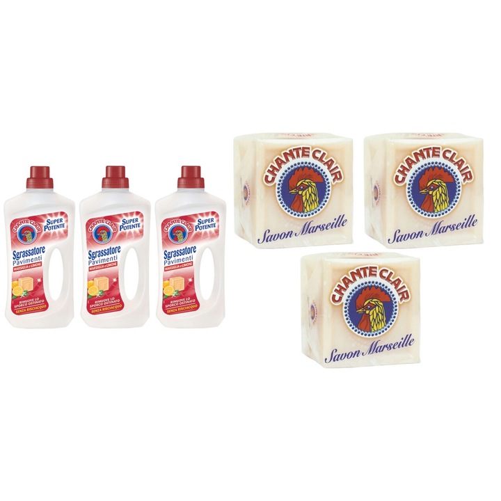 Set Curatenie Chante Clair 6 x Componente, 3 x Solutie Pardoseli 750ml Marsiglia Limone, 3 x Sapun Rufe 250g Savon Marseille, rapid si eficient, testat dermatologic, prospetime de lunga durata, elimina mirosuri neplacute, curatare in profunzime