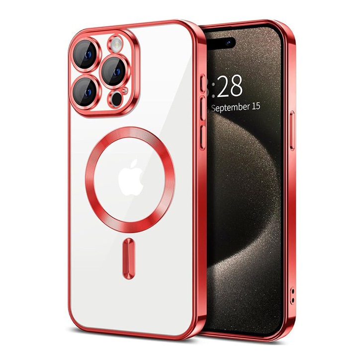 Husa de Protectie GemstoneClear MagSafe pentru Apple iPhone 16 Pro, OPTIM SOLUTION, Strong Magnet, Fast Charging, AntiShock, ProCore Tech, Decupaje Precise, Metallic Detailing Design, Rosu/Clear