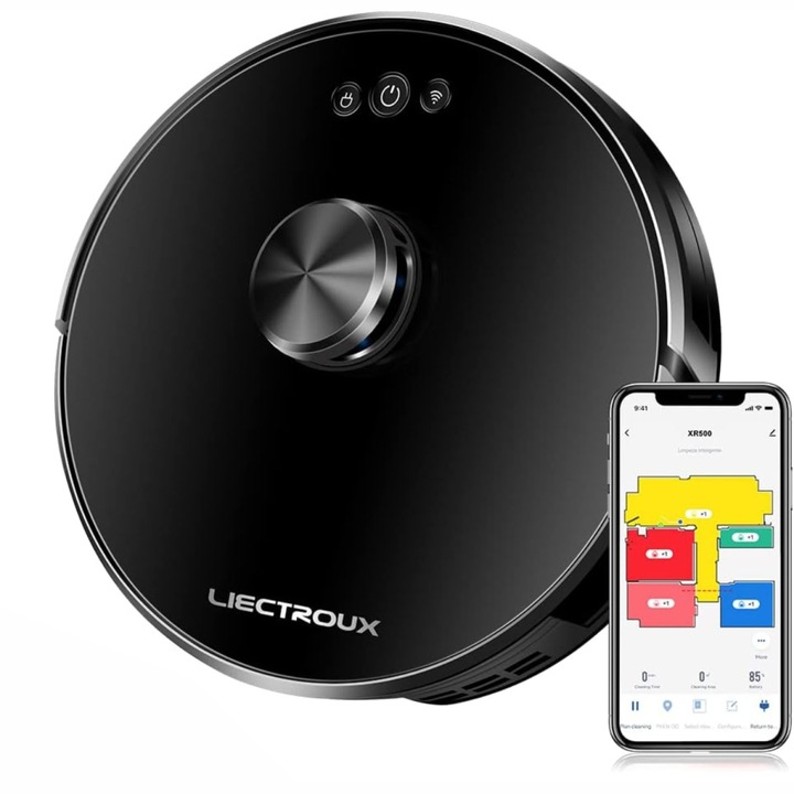 Интелигентен робот прахосмукачка Liectroux XR500(D6818), с жироскоп навигация, гласово ръководство, автономност 130 минути, 350 мл резервоар за вода, 600 мл кош за прах, 96x330x330 мм, черен