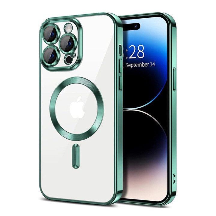 Husa de Protectie GemstoneClear MagSafe pentru Apple iPhone 16 Pro Max, OPTIM SOLUTION, Strong Magnet, Fast Charging, AntiShock, ProCore Tech, Decupaje Precise, Metallic Detailing Design, Verde deschis/Clear