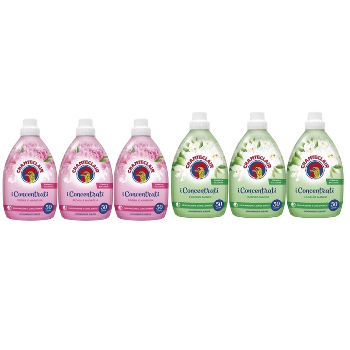 Set Curatenie Chante Clair 6 x Componente, 3 x Balsam Rufe 1l Bujor Magnolie 50 Spalari, 3 x Balsam Rufe 1l Muschio Bianco 50 Spalari, rapid si eficient, testat dermatologic, prospetime de lunga durata, elimina mirosuri neplacute, curatare in profunzime