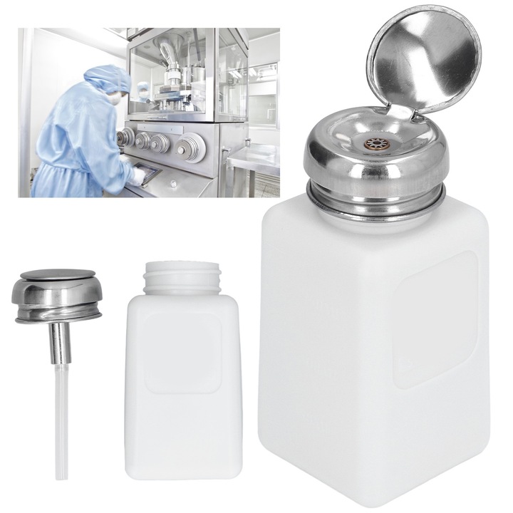 Oldószer adagoló 200ml, űrtartalom, rozsdamentes acél fedél, ESD biztonságos, négyzet alakú modell