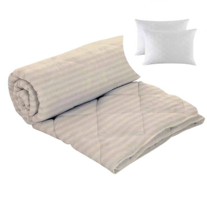 Set pilota de iarna, matlasata, umplutura lana, invelis damasc, policoton, 160x210cm, pentru pat dublu, crem, Ralex Pucioasa si 2 perne matlasate, antialergice, albe, 50x70cm, Ralex Pucioasa