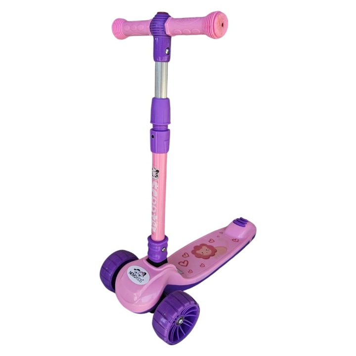 Детска тротинетка със светещи силиконови колела NOVOKIDS™ Mini Scooter 8150, С песни и светлини, 3 колела, Сгъваема, Дръжка с регулируема височина, Максимум 50 кг, Модерен дизайн, Розова