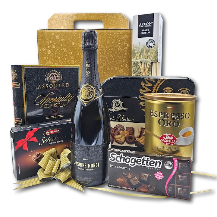 Pachet cadou special, CADOURI PREMIUM, model Magic Surprise, cu spumant Jasmine Monet, cafea de lux Saquella, ceai premium Basilur, dulciuri de lux si accesorii surpriza, toate ambalate in cutie cadou eleganta pentru a crea emotie inca de la prima vedere