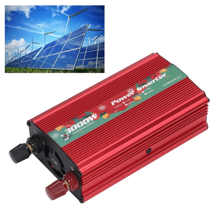 Jormftte 3000W autós inverter, 12V, 1 AC aljzat, 1 USB port, többszörös védelem, piros